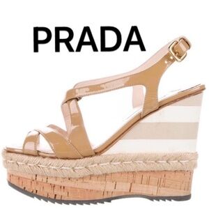Prada Tan Leather Strappy Espadrille Wedge Sandals